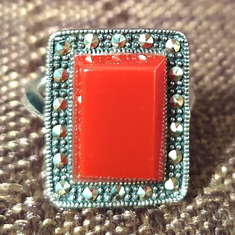 Rare Vintage Carnelian Marcasite 925 Sterling Art Deco Revival Statement Ring